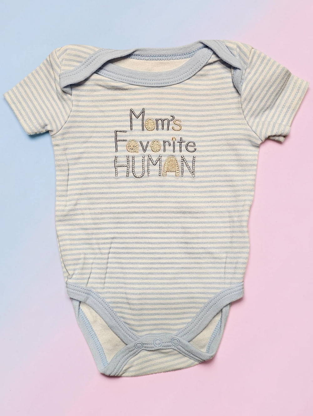 LITTLE & LOVED "Mom's Favorite Human" Blue Striped Baby One-Piece.Size 0-3mnths.